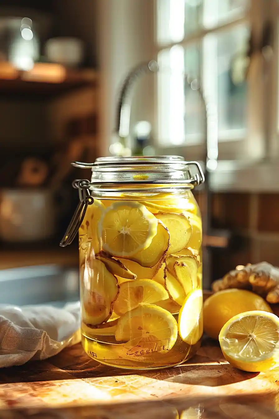 Fermented lemon ginger jar sealed and placed near window