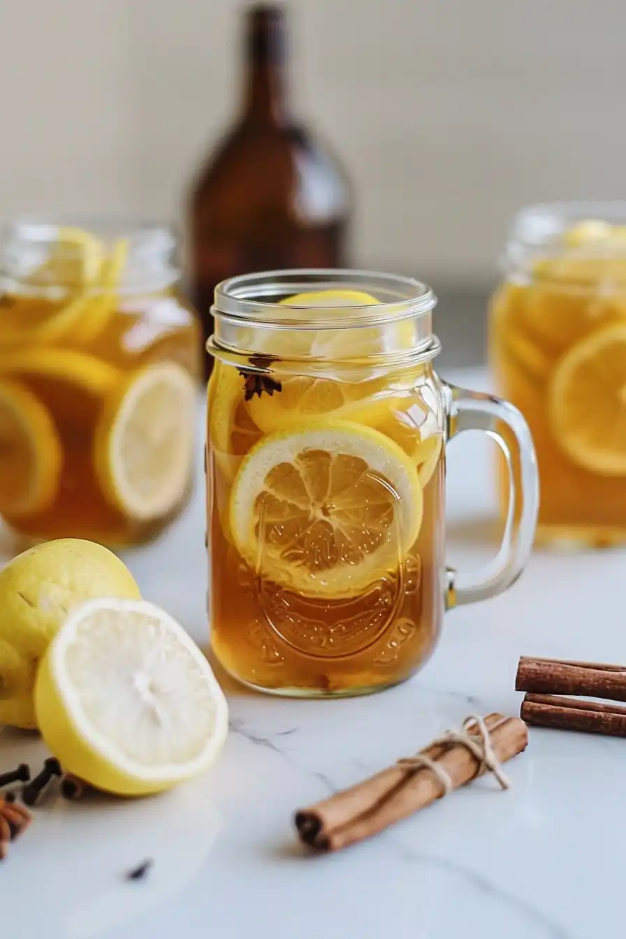 Lemon ginger tea in glass jar with top view of sliced lemon