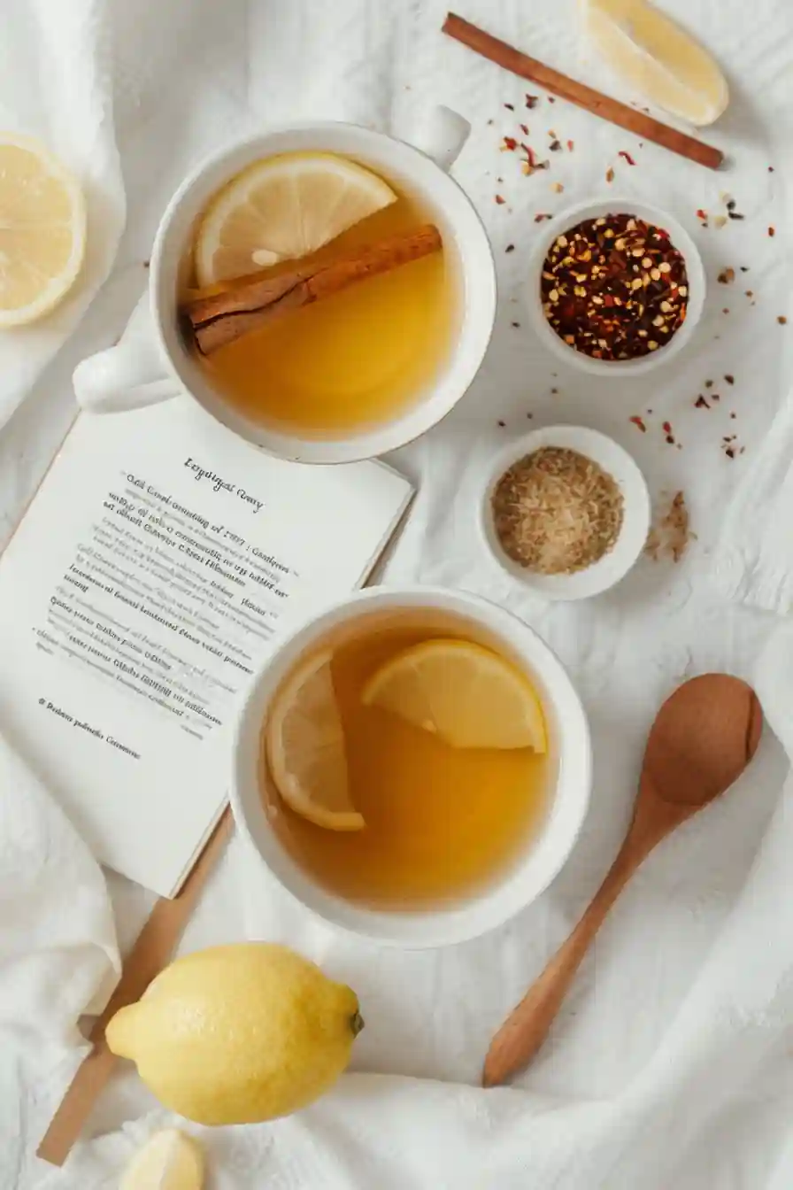 White cups of Svelte Lemon Ginger Cinnamon Tea Recipe and open book