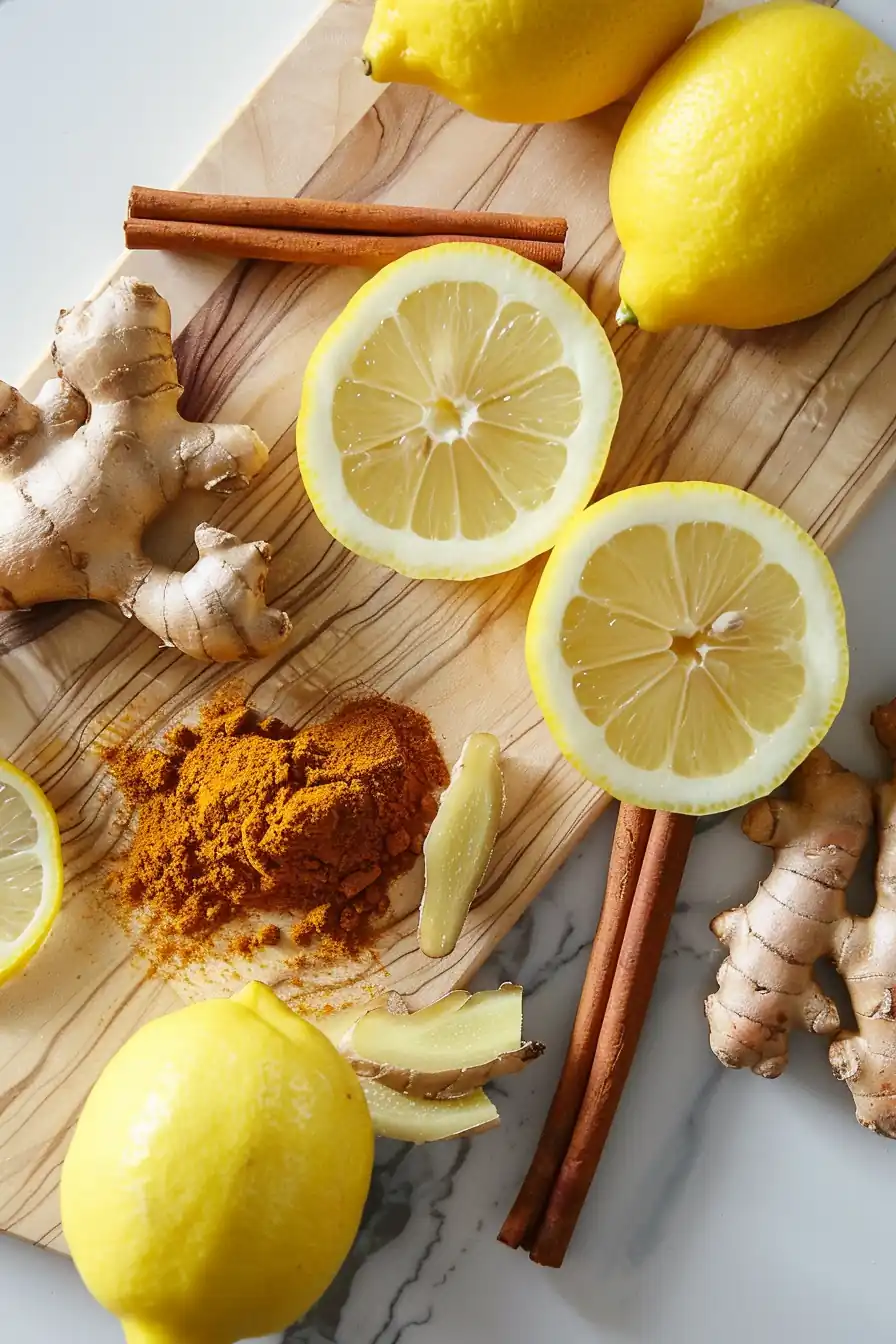 Lemon Ginger Probiotic Tea Recipe ingredients: Lemon, ginger, and turmeric on wooden cutting board