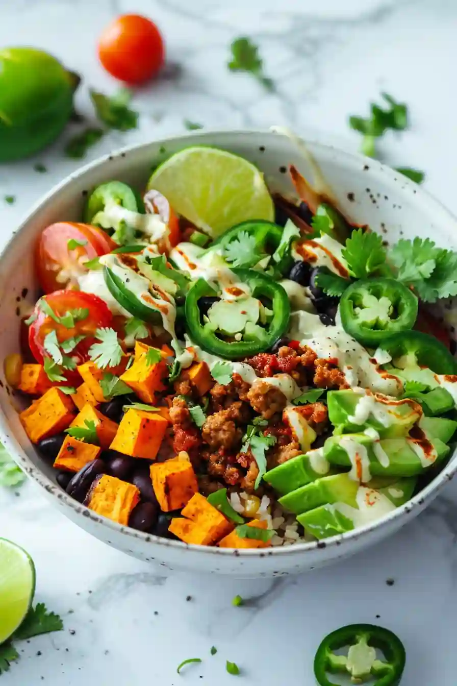 Spicy sweet potato taco bowl topped with jalapeño slices and fresh lime