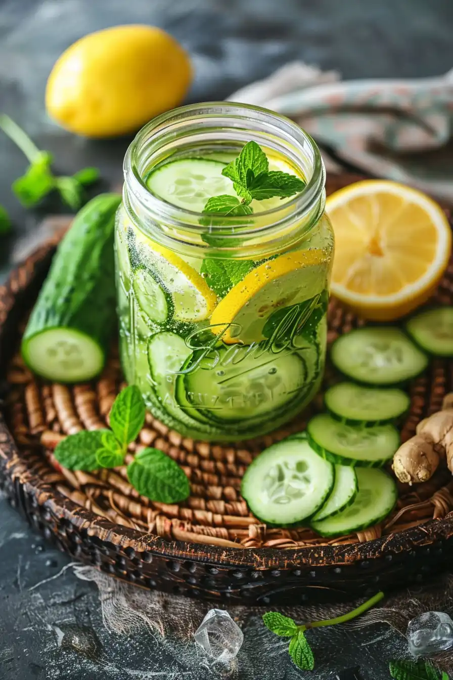 Fresh whole lemons, cucumber slices, and ginger on marble