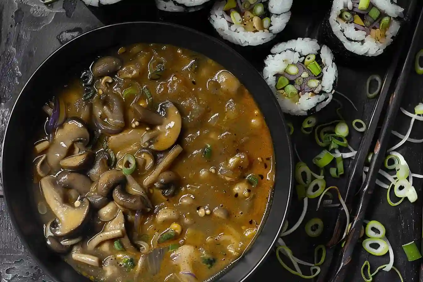 Miso mushroom soup served with vegan sushi rolls