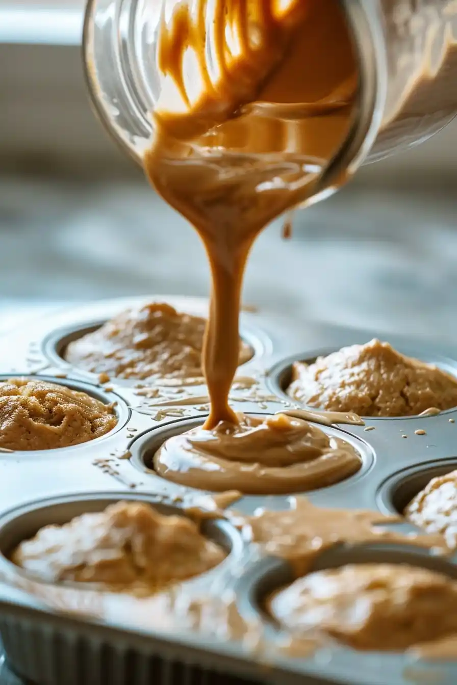 Muffin batter being poured into baking tin from blender