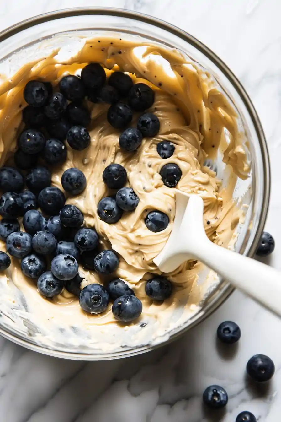 Muffin batter with fresh blueberries being folded in