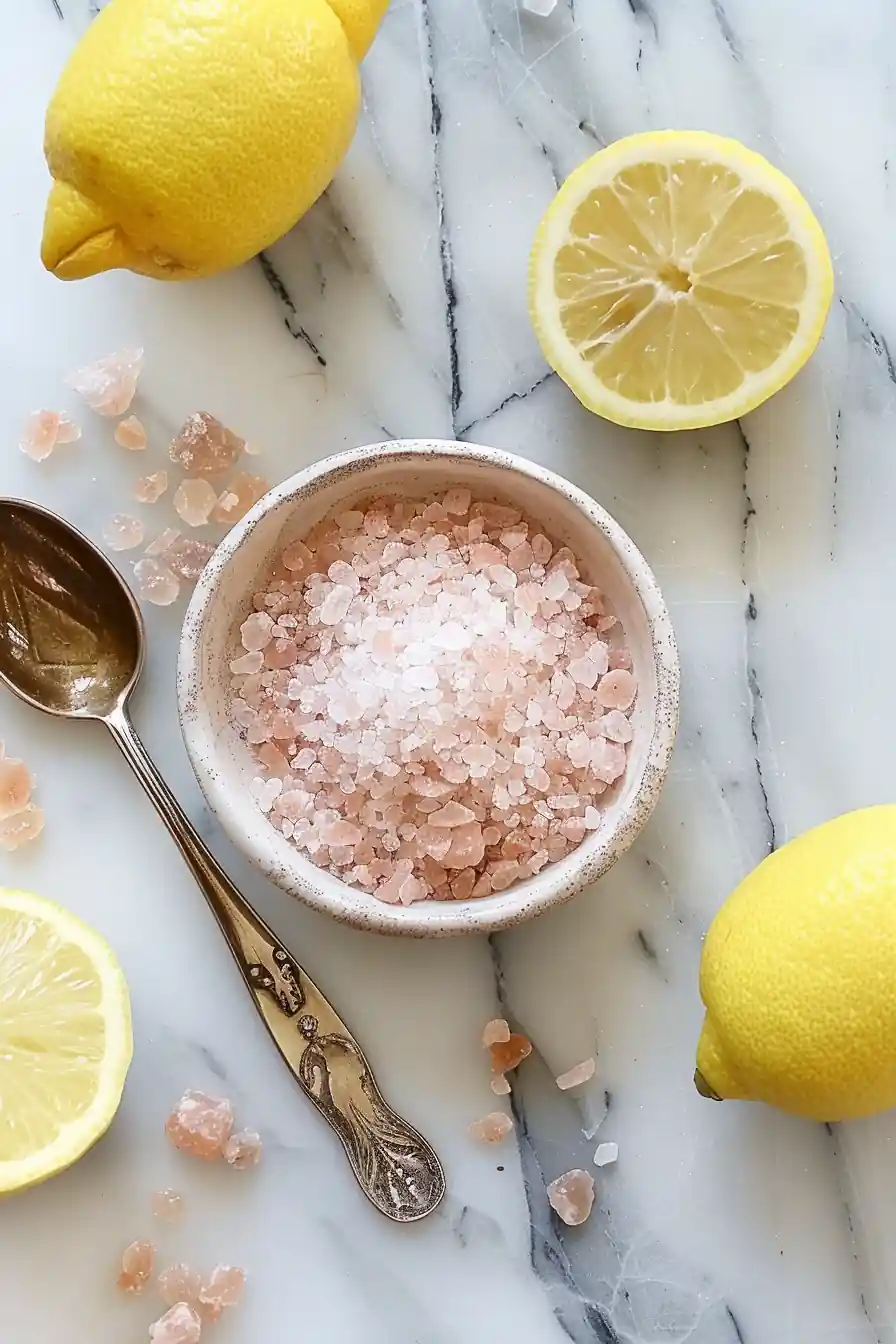 Ceramic bowl of pink salt and whole lemons on marble background