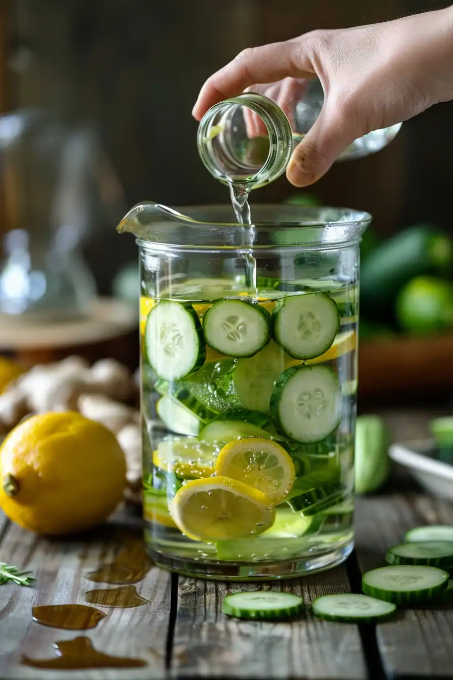 Hand pouring lemon ginger cucumber water into glass pitcher