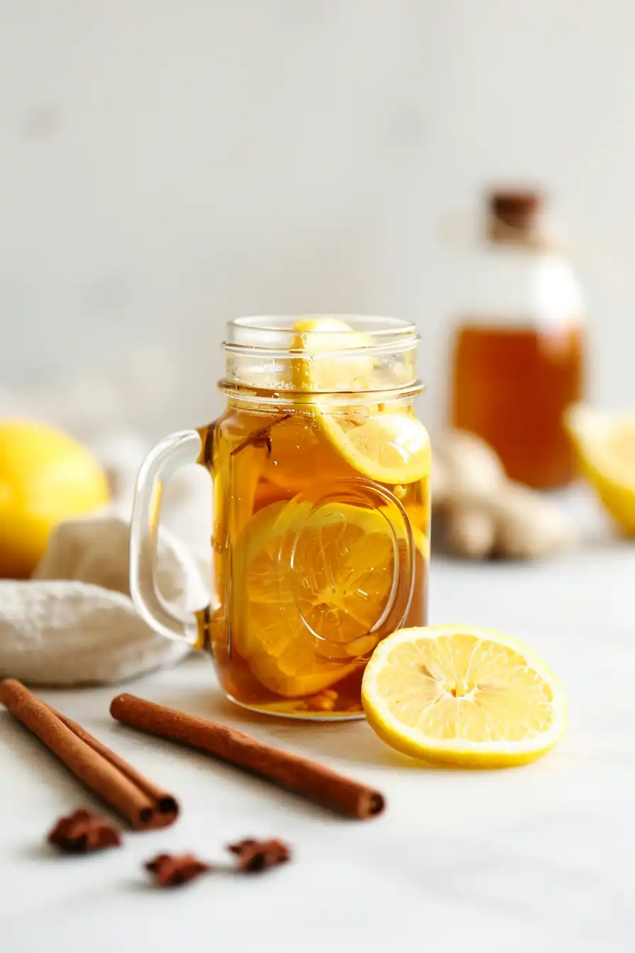 Close-up of probiotic lemon ginger tea in a clear glass jar