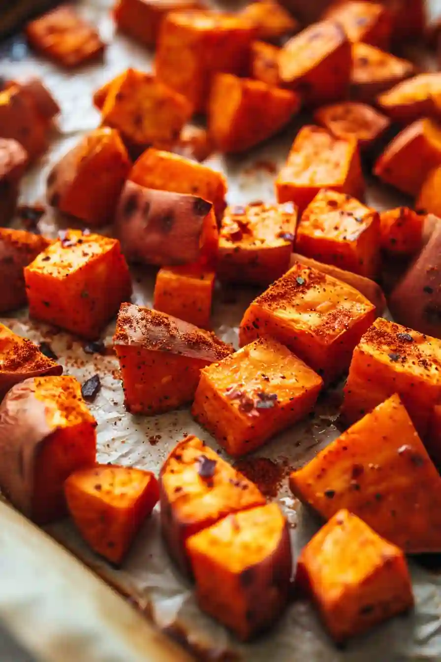 Roasted spiced sweet potatoes on parchment-lined baking sheet