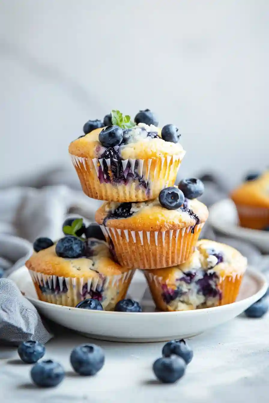 Blueberry cottage cheese muffins stacked on a plate with fresh berries