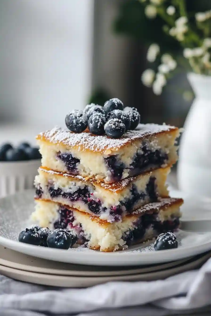 Stack of blueberry cottage cheese breakfast bake bars dusted with powdered sugar