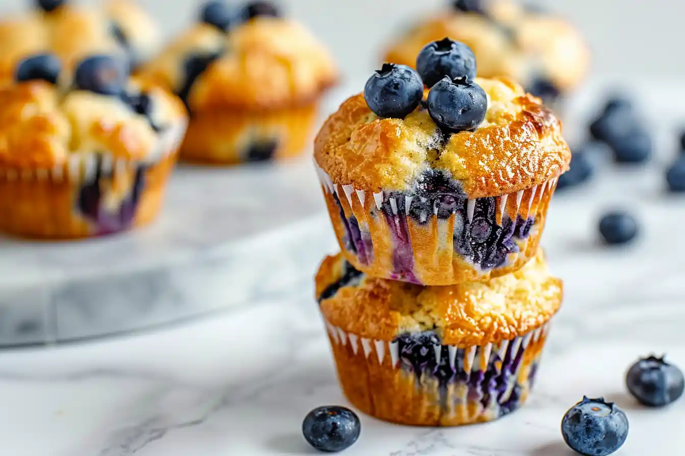 Stack of moist blueberry muffins with golden tops and bursting berries