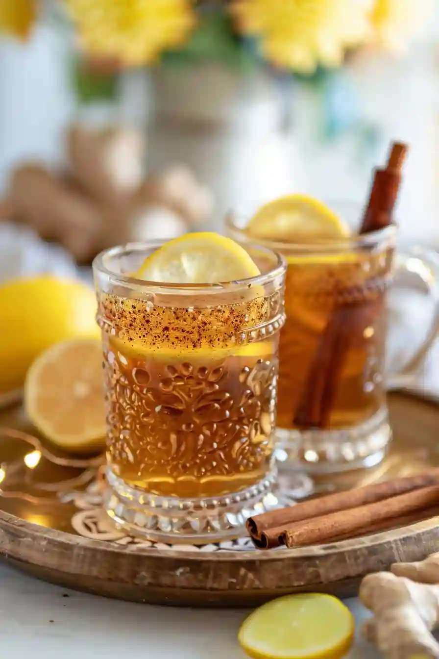 Lemon ginger cinnamon tea in vintage glass mugs with cinnamon sticks
