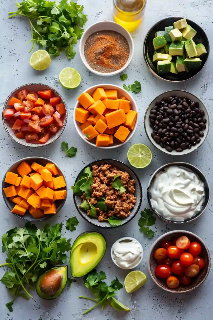 Sweet Potato Taco Bowl ingredients organized in small bowls on concrete background