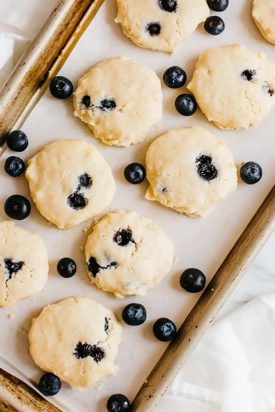 raw blueberry cottage cheese biscuits arranged on baking tray