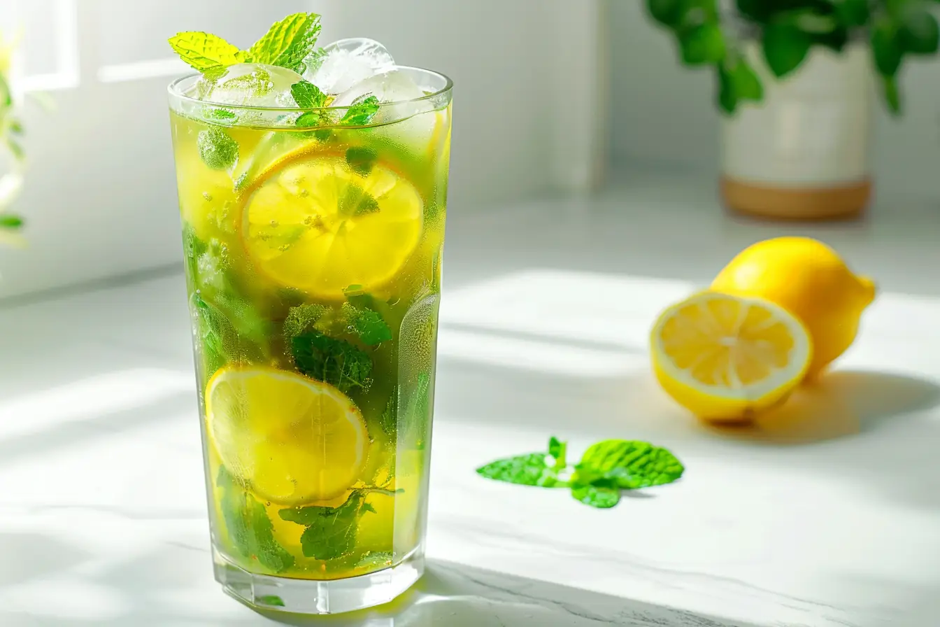 Iced green tea recipe with lemon and mint in a tall glass