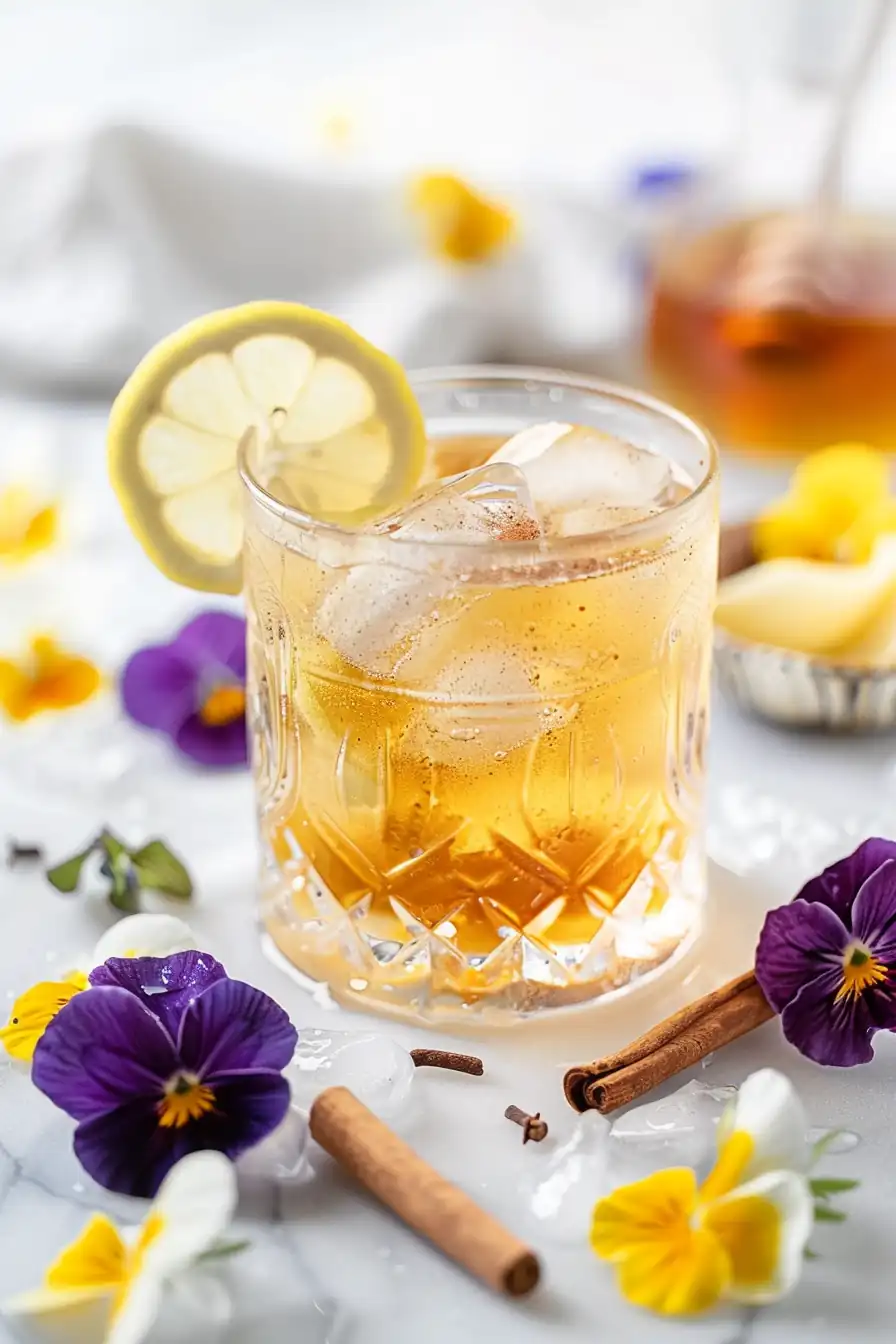 Apple cider vinegar for weight loss recipe served in a glass with ice, lemon garnish, and edible flowers