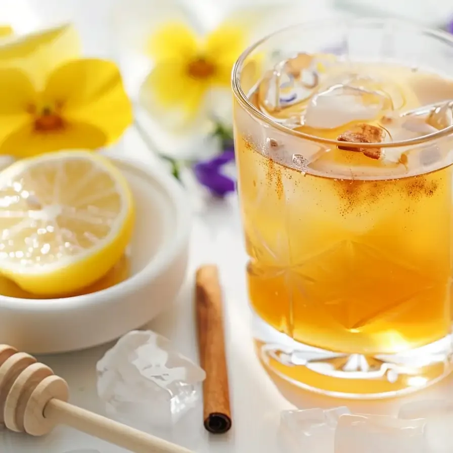 Apple cider vinegar for weight loss recipe poured over ice with lemon and honey in a bright white kitchen