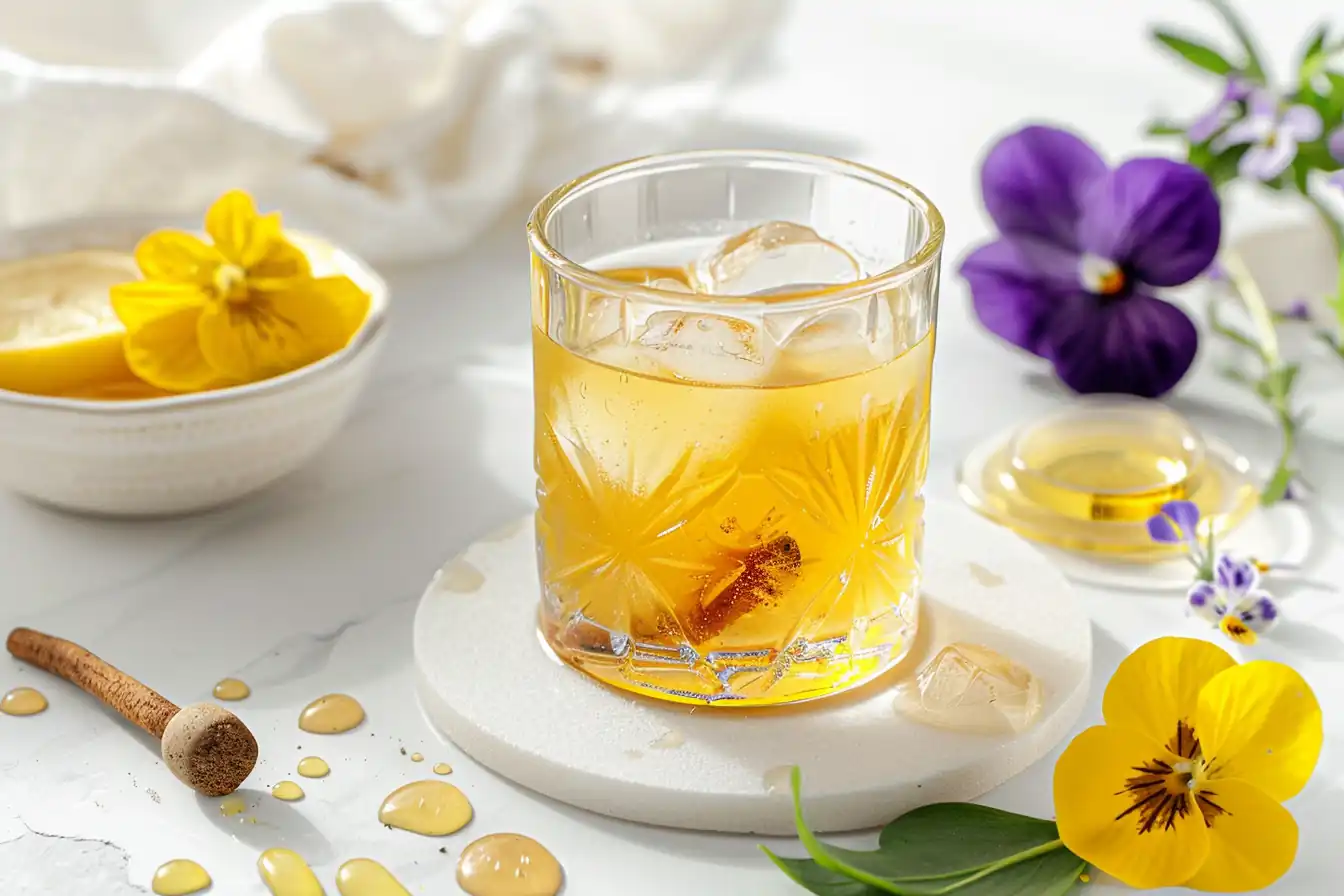 Glass of apple cider vinegar for weight loss recipe with cinnamon stick and edible flowers