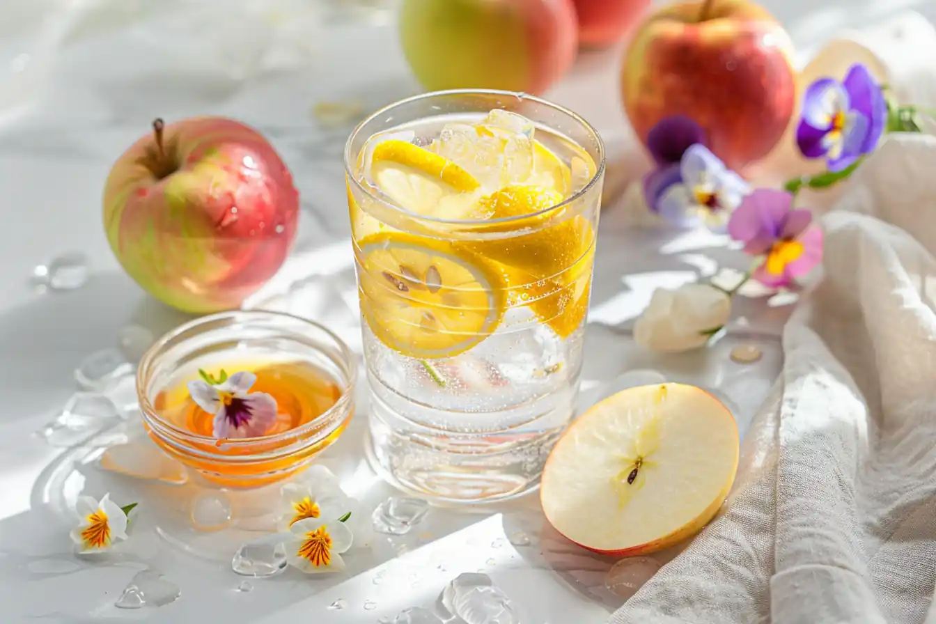 Lemon and apple cider vinegar ice water hack recipe in a glass with edible flowers