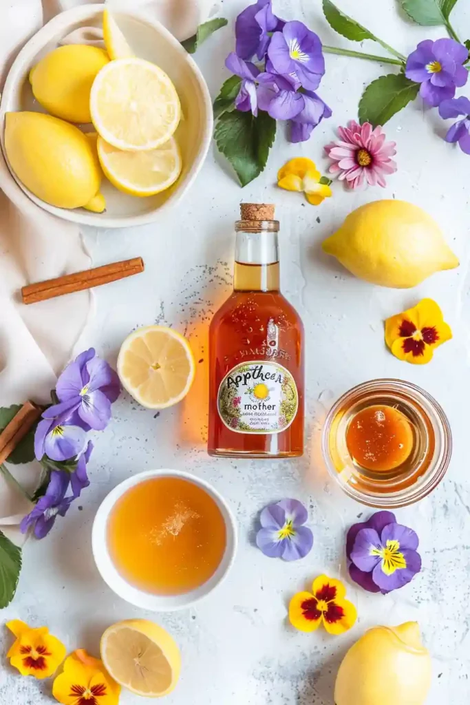 The Apple Cider Vinegar For Weight Loss Recipe 7 Flat lay of ingredients for an apple cider vinegar for weight loss recipe including ACV bottle, lemons, honey, and cinnamon