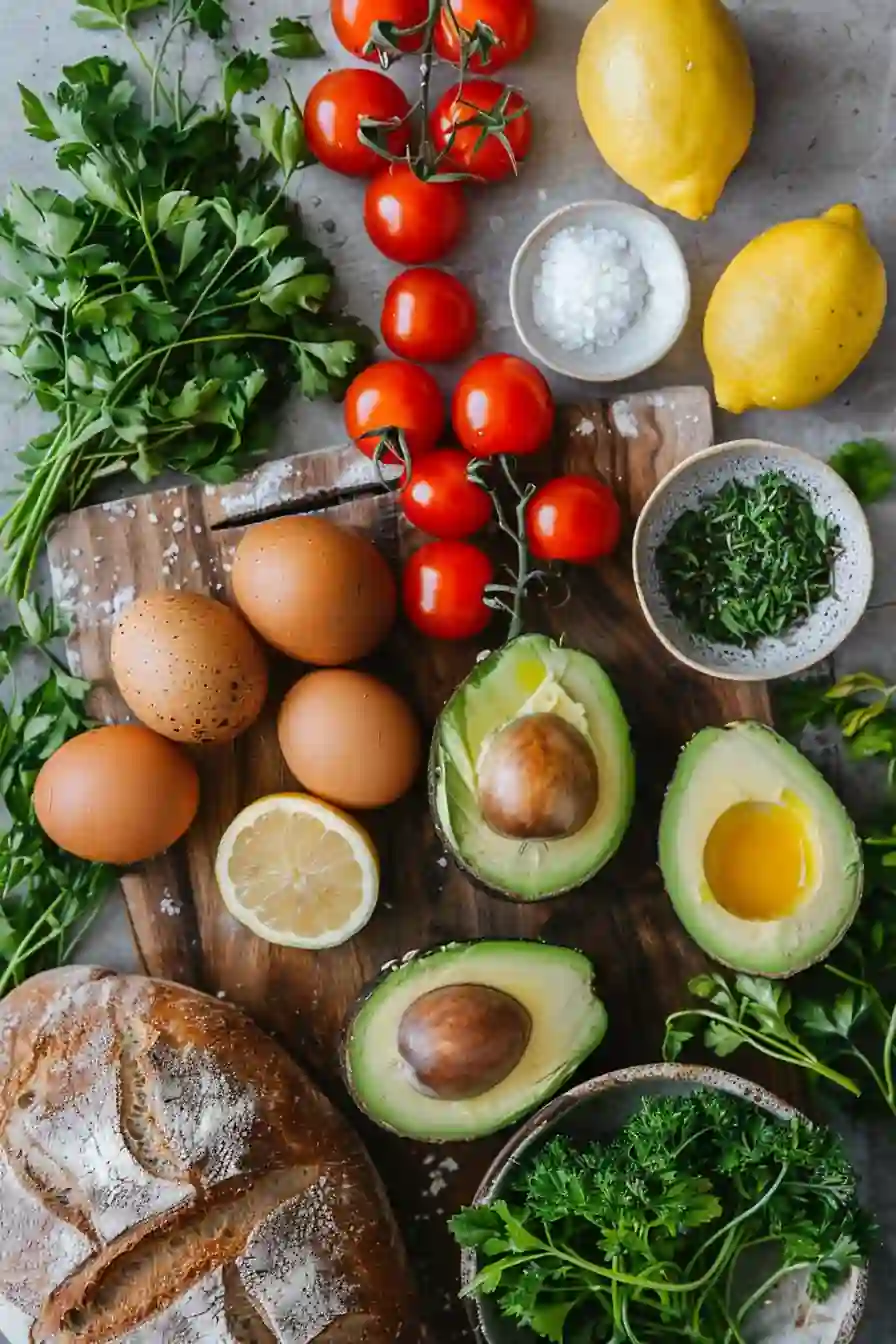 Ingredients for avocado toast on sourdough including eggs, lemon, avocado, and herbs