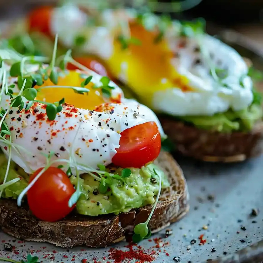 Avocado toast on sourdough bread with soft egg and microgreens