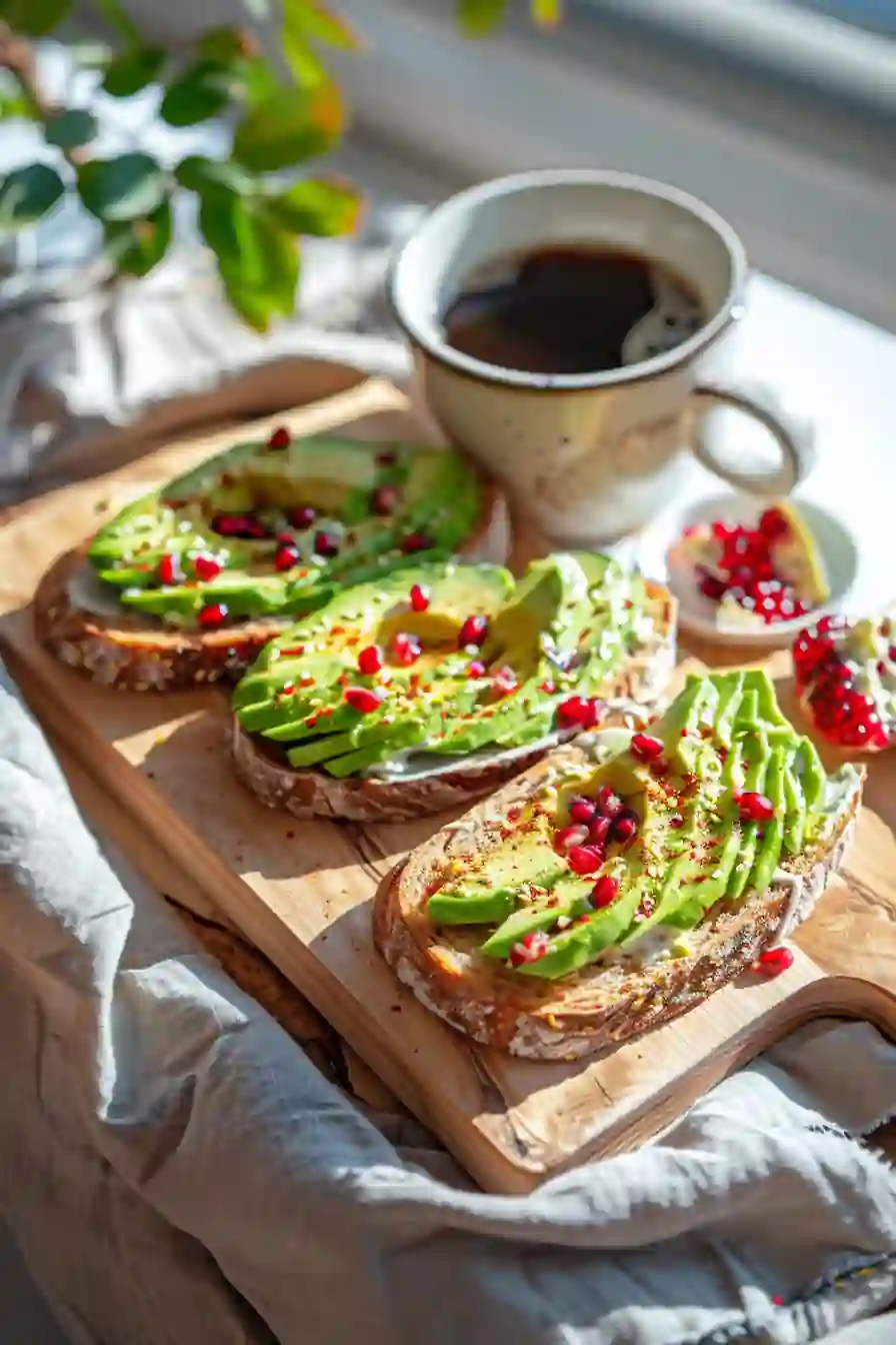Avocado toast served with coffee and pomegranate in a cozy breakfast setting