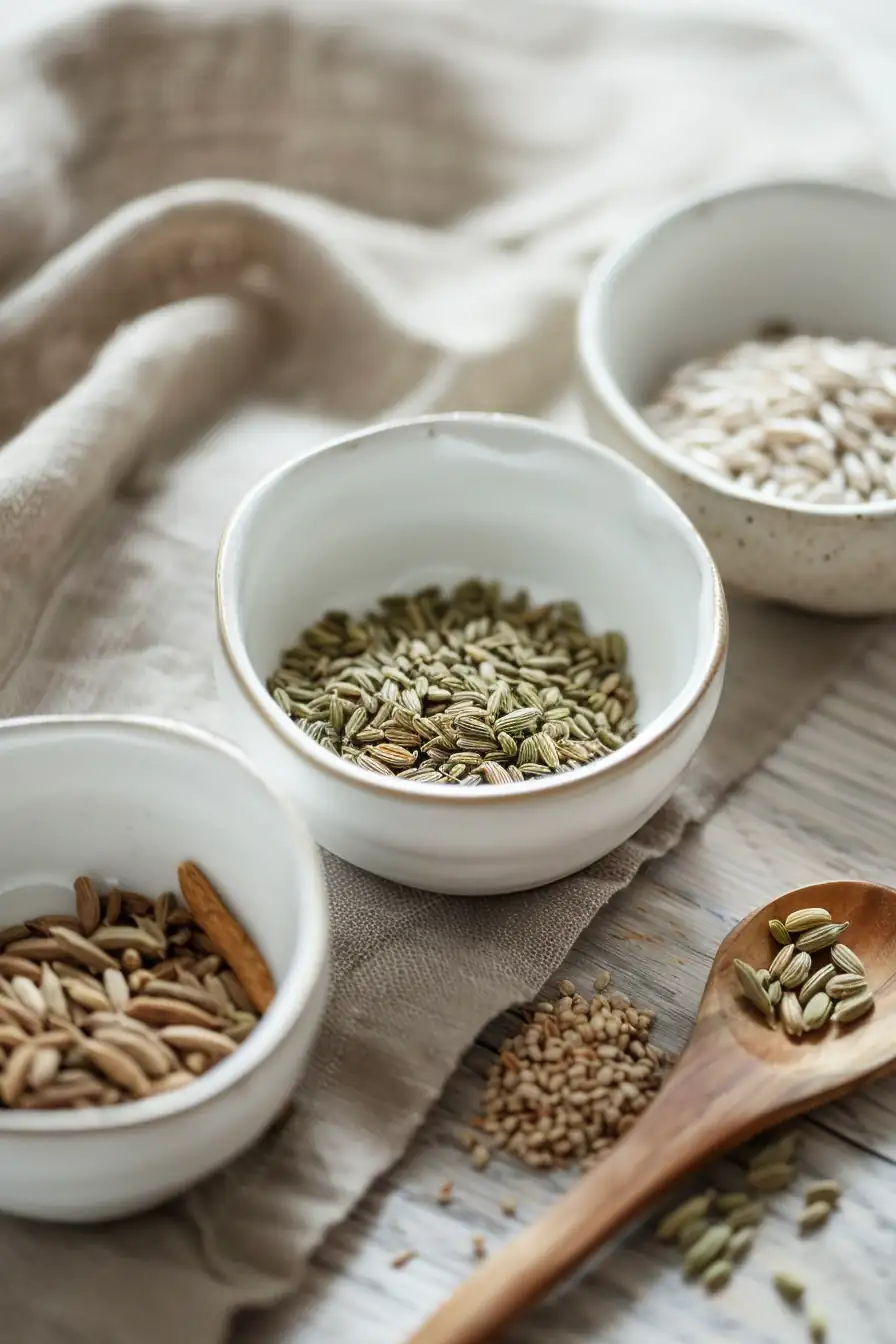 Ingredients for bariatric seed tea recipe in white ceramic bowls