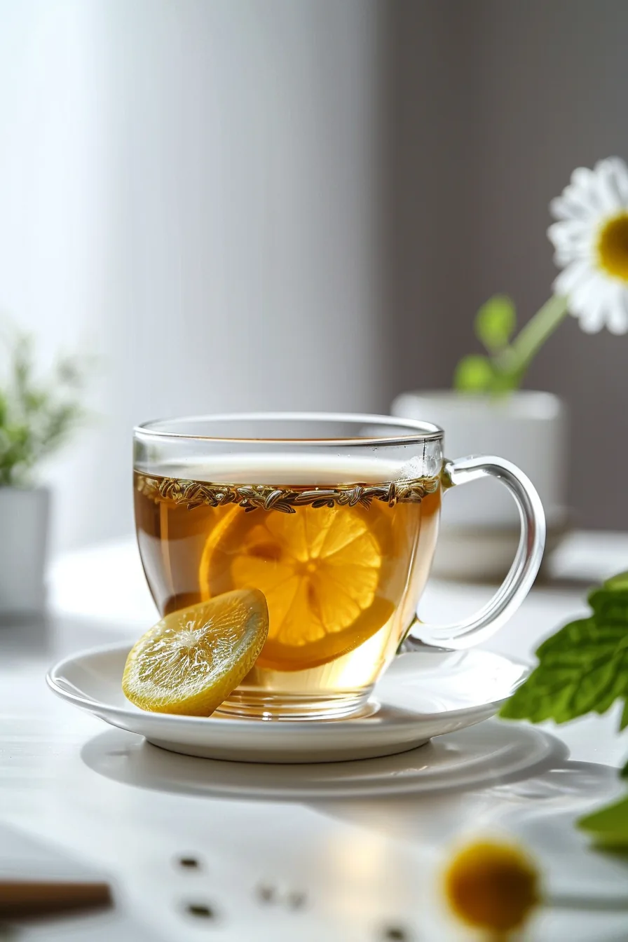 Bariatric seed tea recipe served in a clear mug with sliced lemon