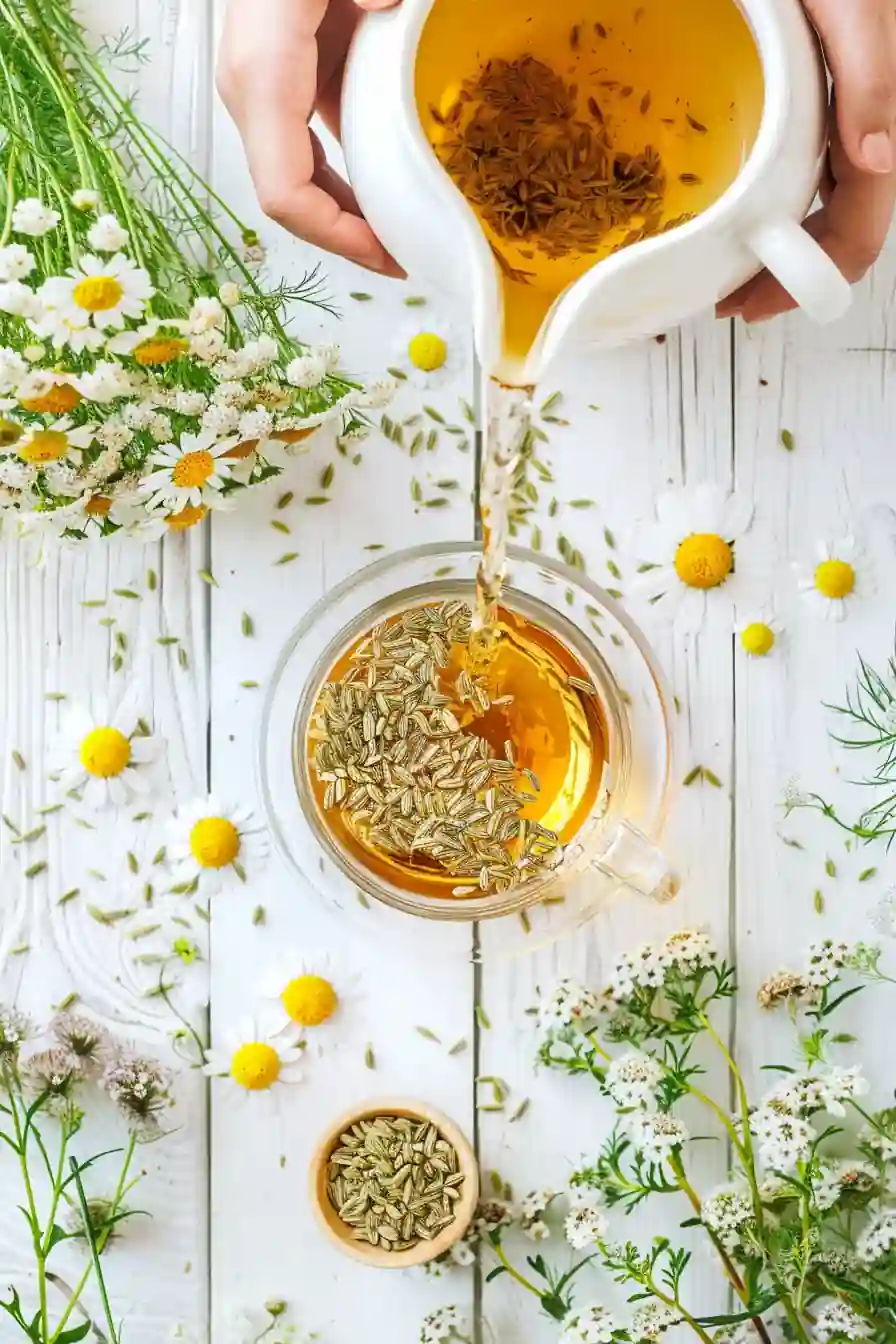 Pouring bariatric seed tea recipe into a glass cup over white floral background