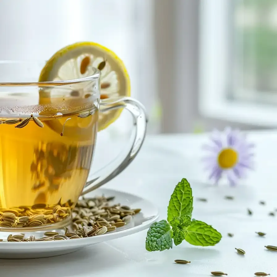 Bariatric seed tea recipe in a clear glass cup with lemon slice on rim