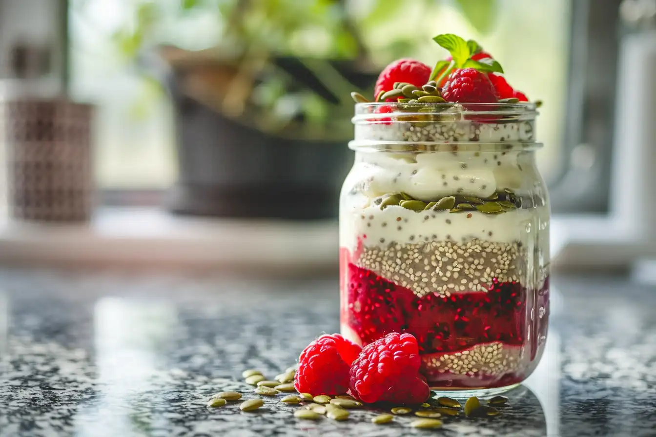 Bariatric seed trick pudding in glass mason jar with berries