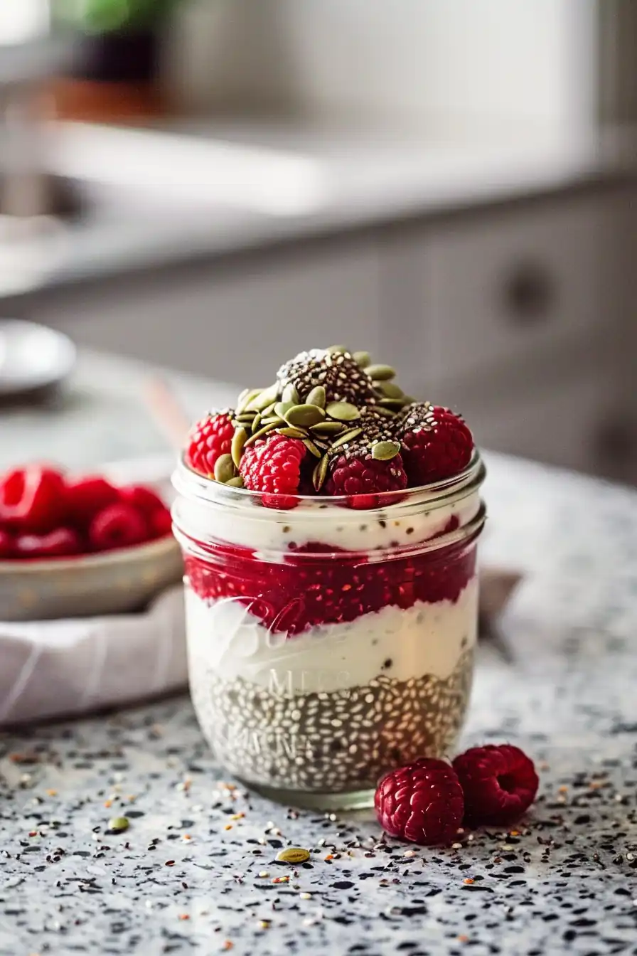 Prepared bariatric seed trick jar with berries and layered seeds
