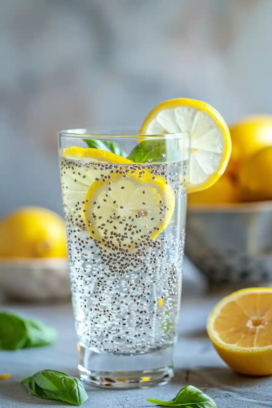 Lemon chia water in a glass for the best bariatric seed ritual recipe