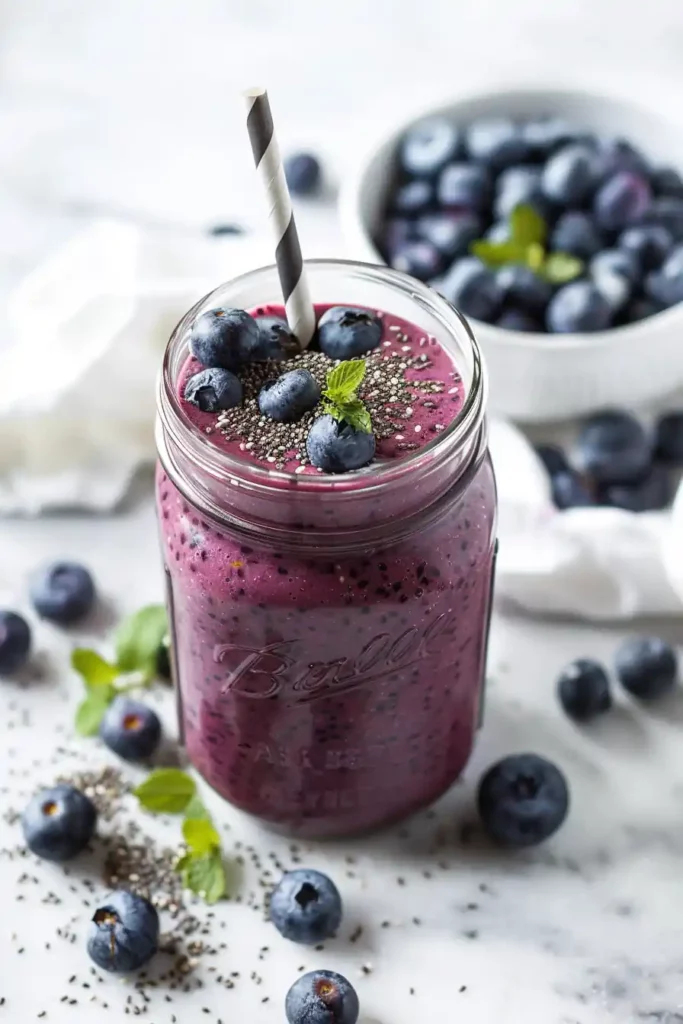 Blueberry Chia Seed Smoothie Recipe: 5-Minute Superfood 10 Blueberry chia seed smoothie in a mason jar with blueberries on top
