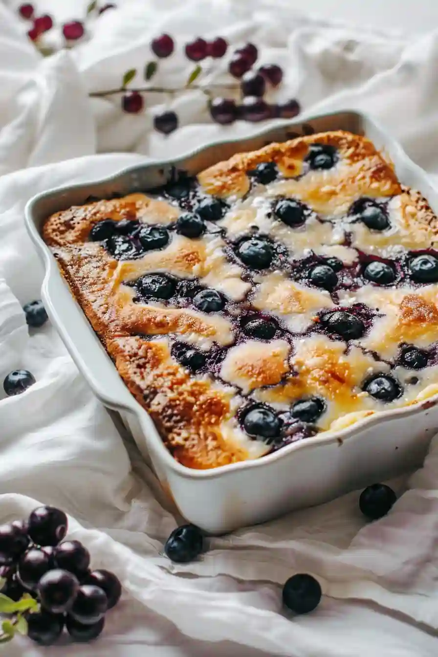 baked cottage cheese blueberry oatmeal in ceramic dish