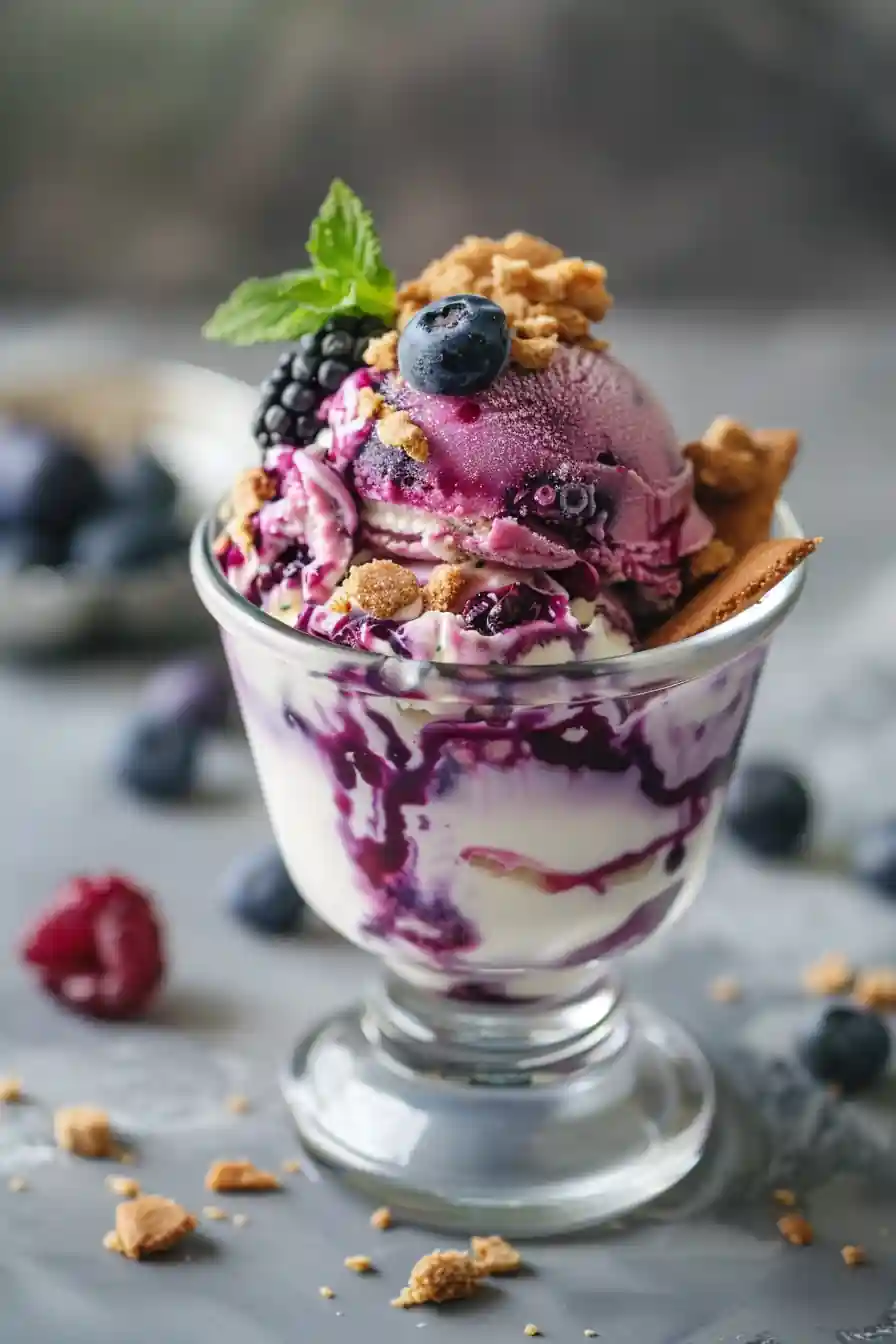 blueberry cottage cheese ice cream in a dessert glass