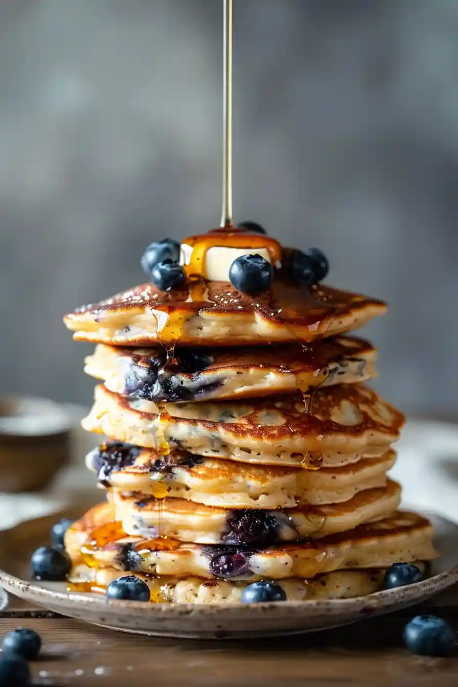 stack of blueberry cottage cheese pancakes with syrup