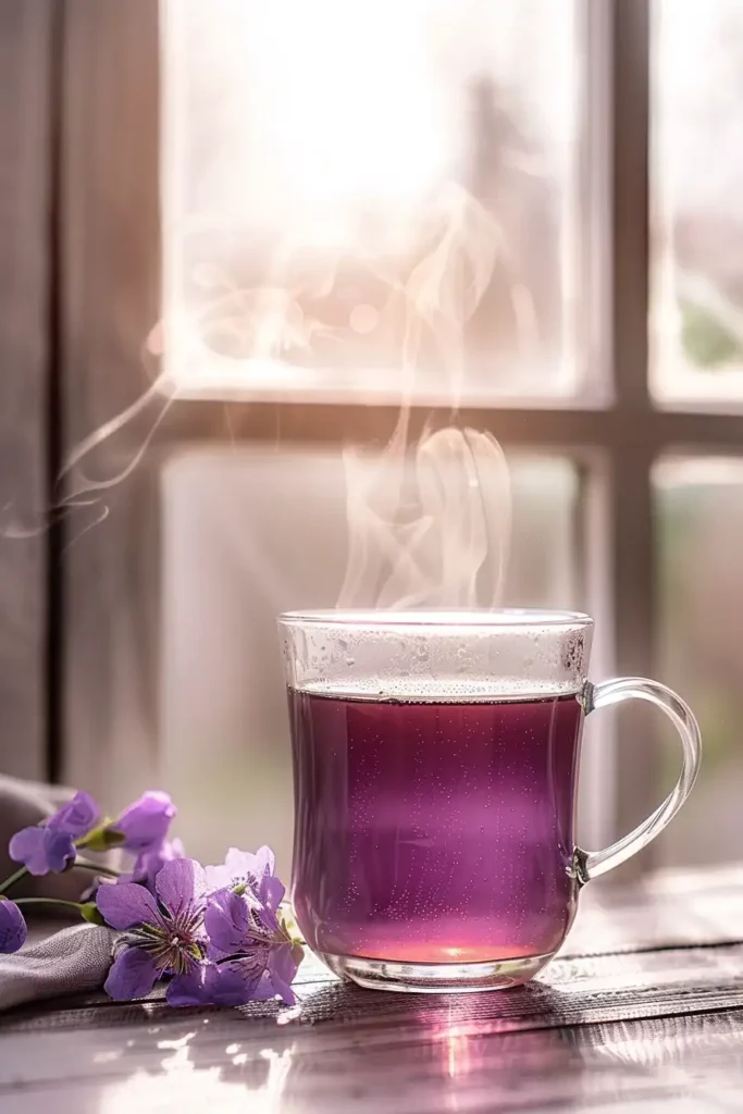 Brazilian Mounjaro Recipe (Natural Fat-Burning Drink Guide) 8 Hot Brazilian Mounjaro recipe drink with steam, purple color