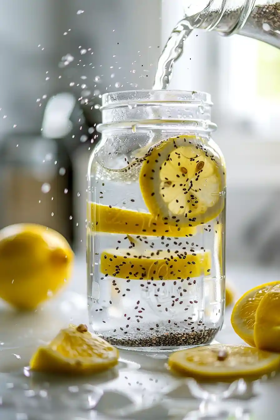 Pouring water into a mason jar for chia water recipe with lemon slices