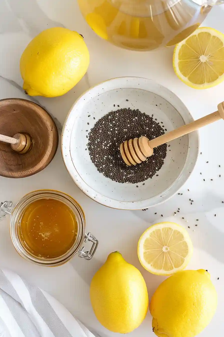 Ingredients for chia water recipe including chia seeds, lemon, honey, and water