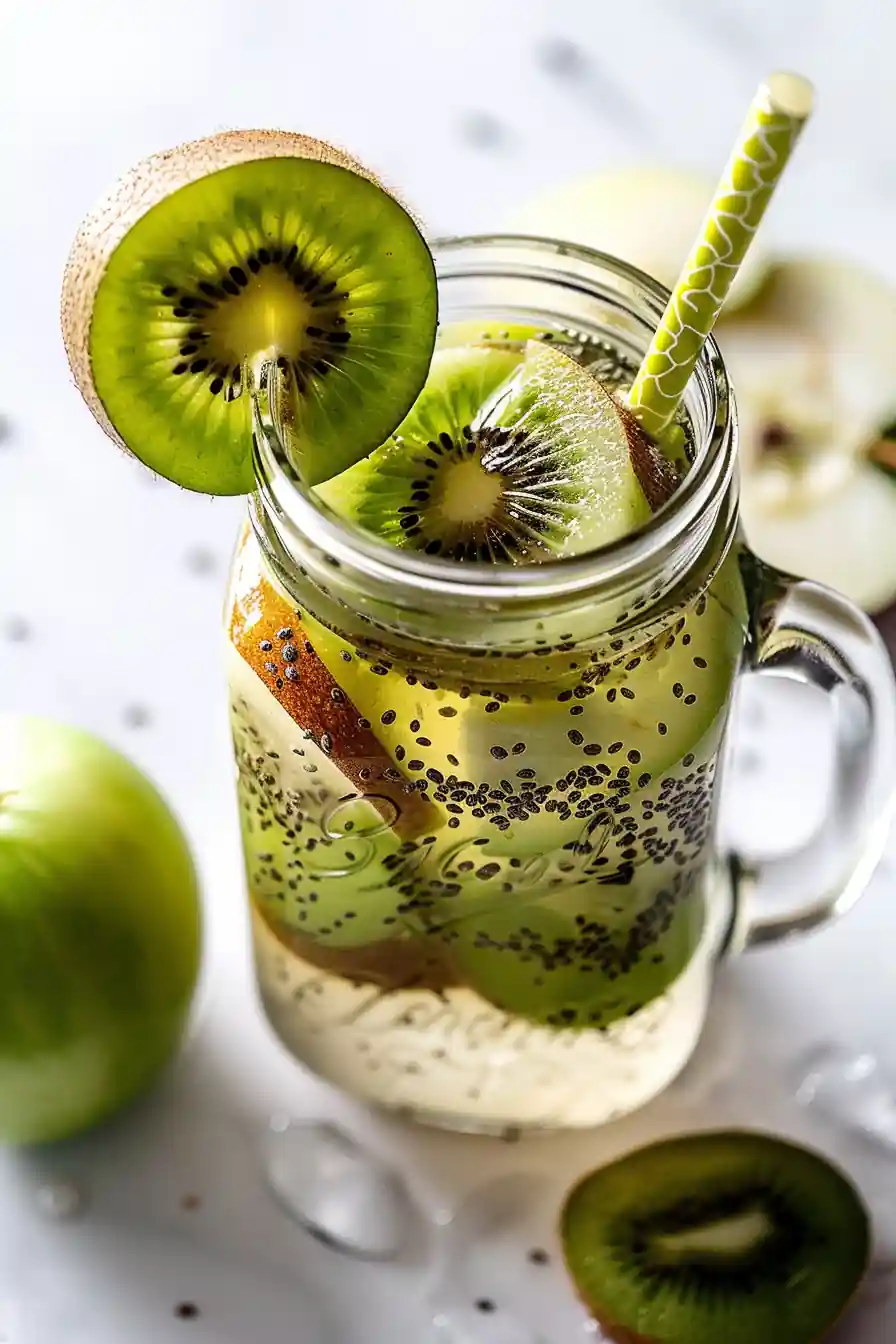 Kiwi and apple chia water recipe in a mason jar with chia seeds and fresh fruit