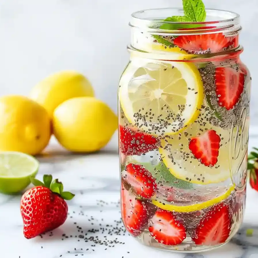 Lemon and berry chia water recipe in a glass jar with fresh strawberries and lime