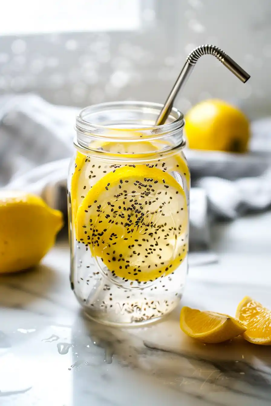 Chia water recipe served in a mason jar with lemon slices and metal straw