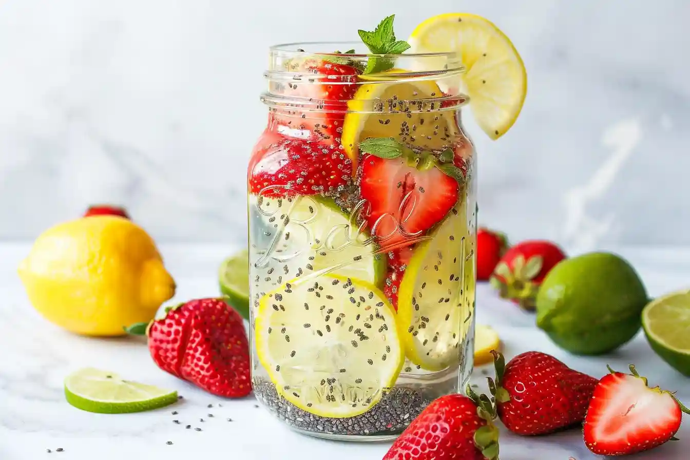 Strawberry and lemon chia water recipe served in a mason jar with fresh fruit