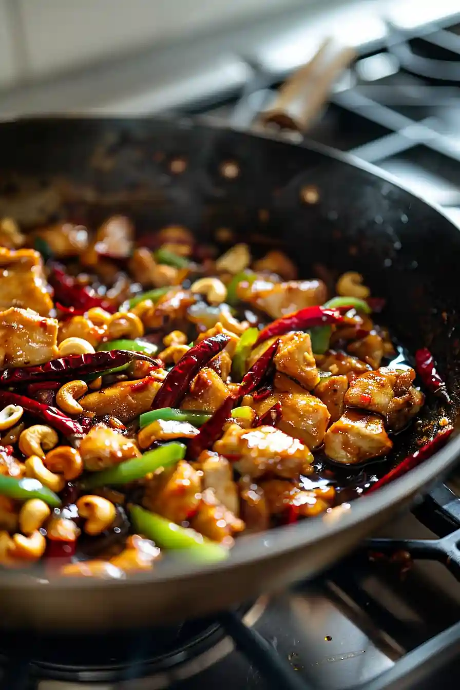 Low carb kung pao chicken recipe cooking in a wok with chilis and green peppers