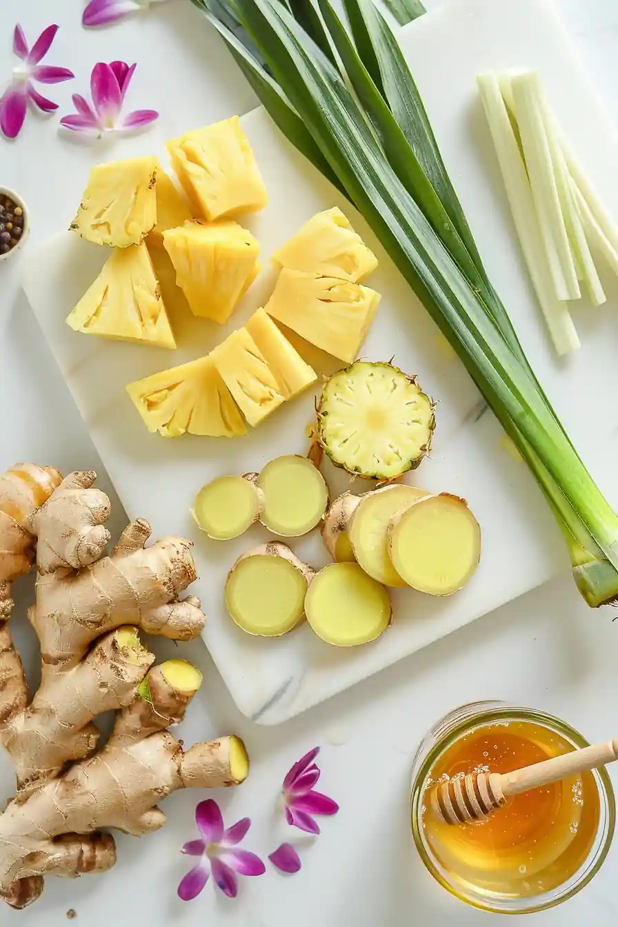Ingredients for Costa Rican tea recipe including pineapple, ginger, lemongrass, and honey