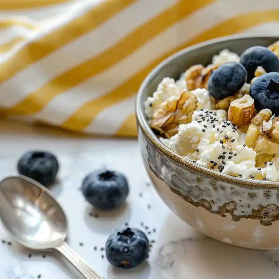 cottage cheese blueberry bowl with walnuts and chia