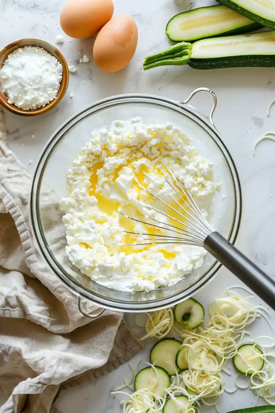 Cottage cheese and eggs being whisked with sliced zucchini